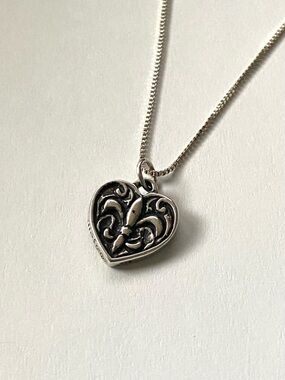 Sterling Silver 925 Fleur De Lis Heart Pendant Necklace - Signed Balli